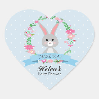 Sticker Cœur Petit lapin avec fleurs couronnes Baby shower Coeu