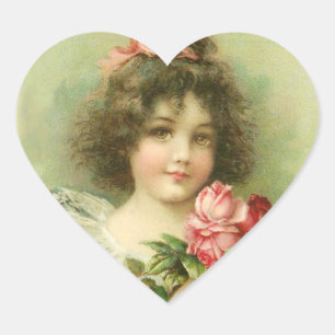 Sticker Cœur Petite fille aux roses roses roses Saint Valentin