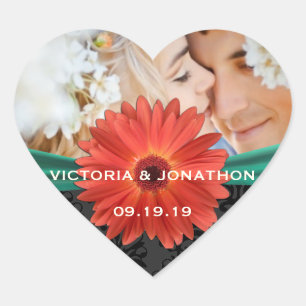Sticker Cœur Photo Emerald et Orange Gerber Daisy Mariage