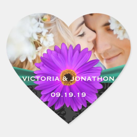 Sticker Cœur Photo Emerald Green et Plum Gerber Daisy Mariage (Devant)