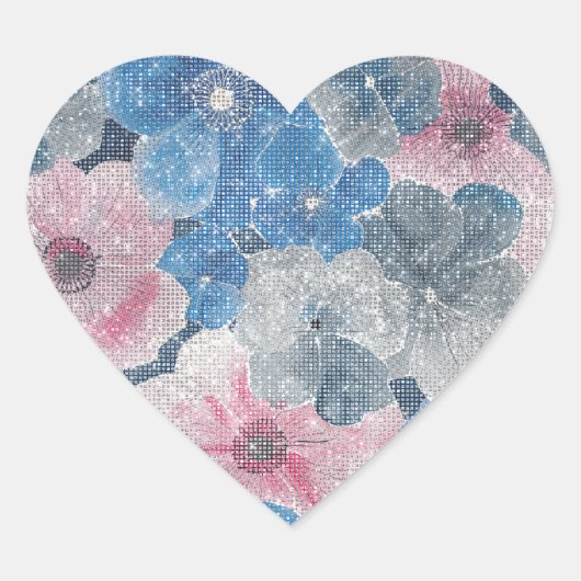 Sticker Cœur Pink Blue Flowers Sparkle (Devant)