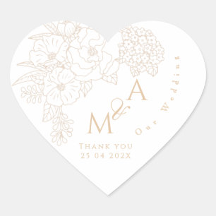 Sticker Cœur Pivoines blanches ivoire pour mariage romantique