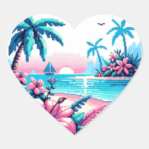 Sticker Cœur Pixel Art Ocean Art rose et bleu Tropical Art