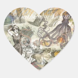 Sticker Cœur Plage de la Pieuvre Antique Steampunk Côté Mer