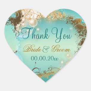 Sticker Cœur Plage "merci" mariage aqua blanc