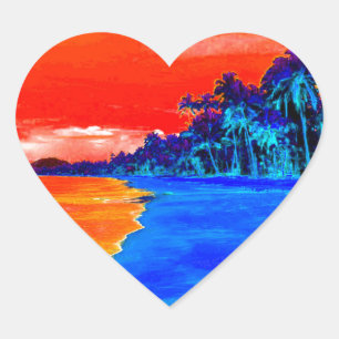 Sticker Cœur Pop Art Plage Exotique Palmiers