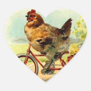 Sticker Cœur Poulet vintage de Pâques sur une bicyclette