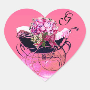 Sticker Cœur Poussette Vintage, Monogramme Cœur Baby Shower Fle