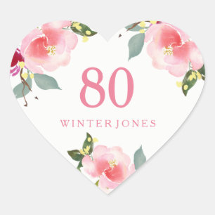 Sticker Cœur Pretty Rose Floral Aquarelle 80e fête d'anniversai