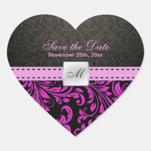 Sticker Cœur Purple Damask Monogramme Enregistrer les autocolla