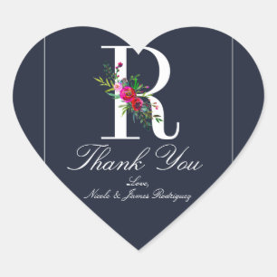 Sticker Cœur R Monogramme Dernière Initiale Moderne Bleu Floral
