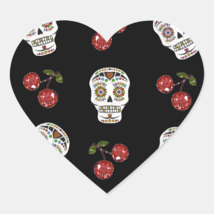 Sticker Cœur RAB Rockabilly Sugar Skulls Cherries On Black