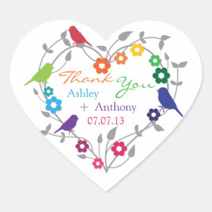 Sticker Cœur Rainbow Theme Oiseaux Fleurs Mariage Favor Tags