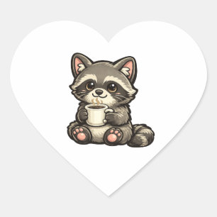 Sticker Cœur Raton laveur mignon avec café – Animal Kawaii Cozy