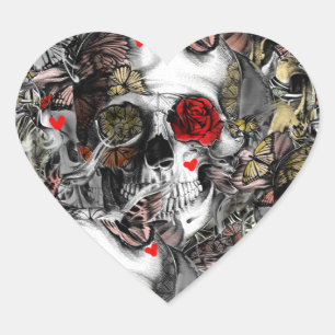Sticker Cœur Répétitions d'histoire, motif floral de crâne