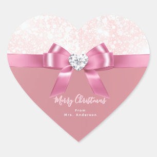 Sticker Cœur Ribbon Et Diamant Rose Snowflake De Noël