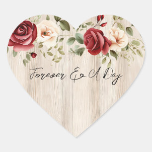 Sticker Cœur Romantique Crème rouge Roses Faux Mariage en bois