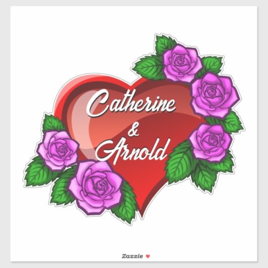 Sticker Coeur romantique rouge avec roses roses (Feuille)