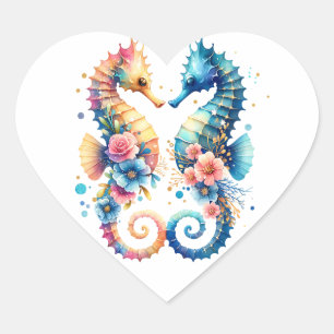 Sticker Cœur Rose, Bleu et Or Hippocampe de Style Coastal Plage