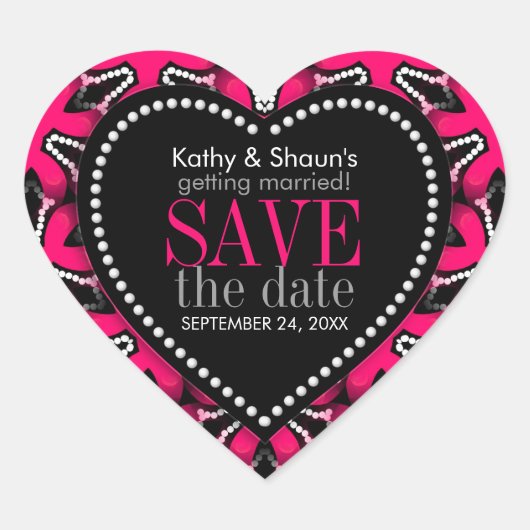 Sticker Cœur Rose Chaud sur Moderne Noir Sauvegarder la Date de (Devant)