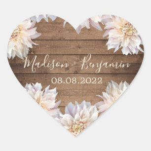 Sticker Cœur Rose Dahlia Fleur Rustique Bois Mariage Date Coeur