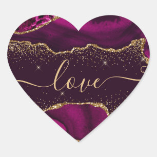 Sticker Cœur Rose foncé et paillettes d'agate de faux or pour l