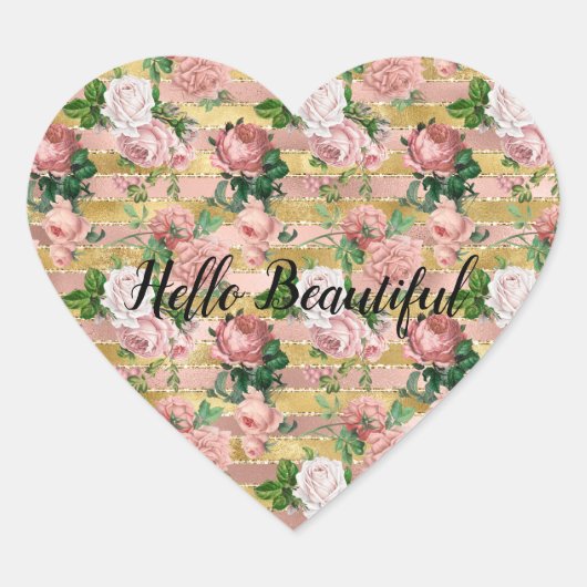 Sticker Cœur Rose Gold Glam Glitz Roses Flore rayures (Devant)