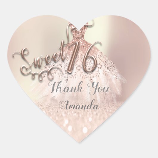 Sticker Cœur Rose Gold Sweet 16th Princess Heart Merci robe (Devant)