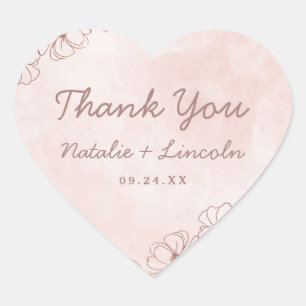 Sticker Cœur Rose Pâle & Or Rose Feuille Chic Mariage Remerciem