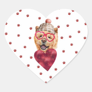 Sticker Cœur Rose Pattes Rouges Chow Chow Chien Saint-Valentin