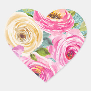 Sticker Cœur Roses aquarelles en rose et crème avec paillettes 