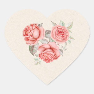 Sticker Cœur Roses Corail Pêche Vintage Feuillage Vert Mariage