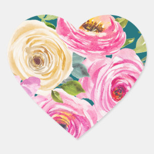 Sticker Cœur Roses d'aquarelle en rose et crème en Turquoise