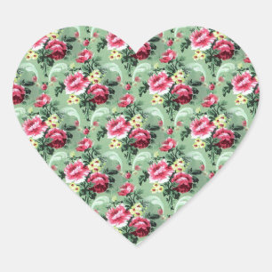 Sticker Cœur Roses Vintages verts et roses