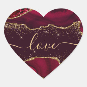 Sticker Cœur Rouge Bourgogne & Paillettes d'Or Fausse Agate Sai