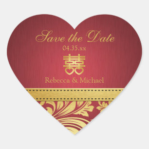 Sticker Cœur Rouge & Or Damask, Chinois Double Coeur Bonheur