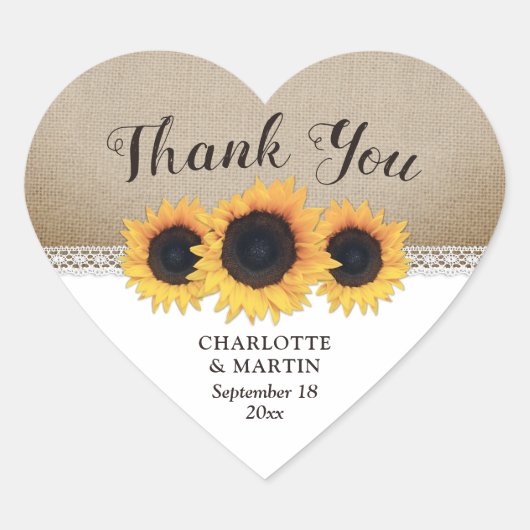 Sticker Cœur Rustic Burlap Lace Sunflower Wedding Thank You (Devant)