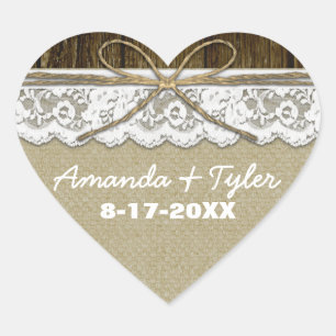 Sticker Cœur Rustic Country Burlap Dentelle Mariage Favoriser S