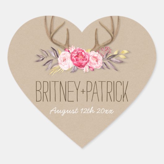 Sticker Cœur Rustic Peony & Deer Antler Wedding Favors Seals (Devant)