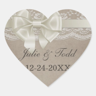 Sticker Cœur Rustic Vintage Burlap & Lace Wedding Enregistrer L