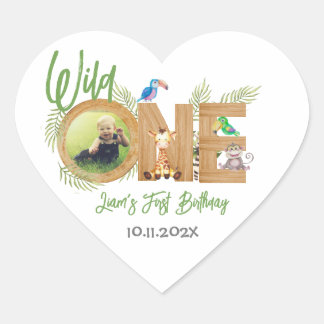 Sticker Cœur Safari Wild One First Birthday Photo Animaux Bois