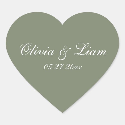 Sticker Cœur Sage Green Nom Date Mariage élégant (Devant)