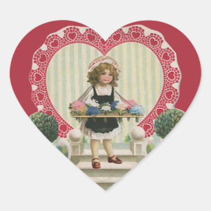 Sticker Cœur Saint-Valentin Mignon Vintage, Fille aux Fleurs