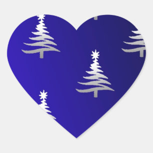 Sticker Cœur Sapins de Noël Argent sur Bleu Cobalt