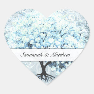 Sticker Cœur Sceau de mariage Arbre à feuilles de cœur bleu