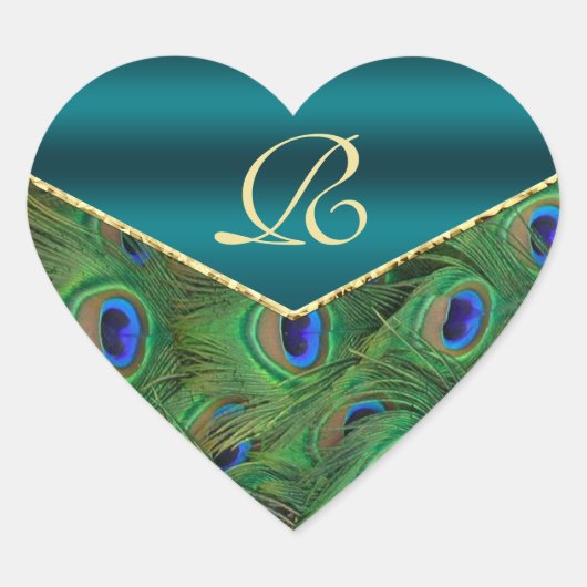 Sticker Cœur Sceau d'enveloppe de monogramme de paon turquoise (Devant)
