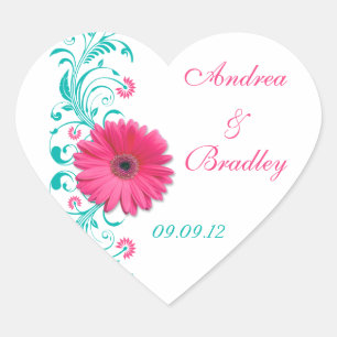 Sticker Cœur Sceau d'enveloppe Mariage rose Gerber Turquoise