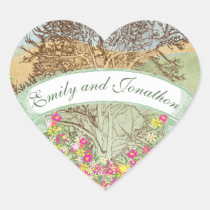 Sticker Cœur Sceau Mariage de chêne Brown rose et jaune