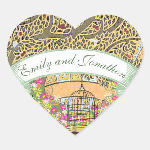 Sticker Cœur Sceau Mariage de chêne rose et jaune