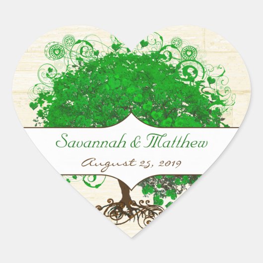 Sticker Cœur Sceau Mariage Emerald Hearald Leaf Tree Barn Wood (Devant)